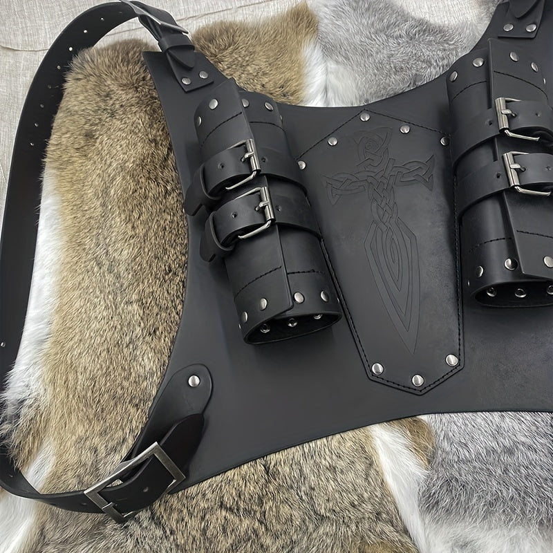 Medieval Viking-Inspired PU Leather Sword Sheath - Adjustable Renaissance Knight & Mercenary Dual Back Scabbard for Halloween, LARP, and Stage Costumes