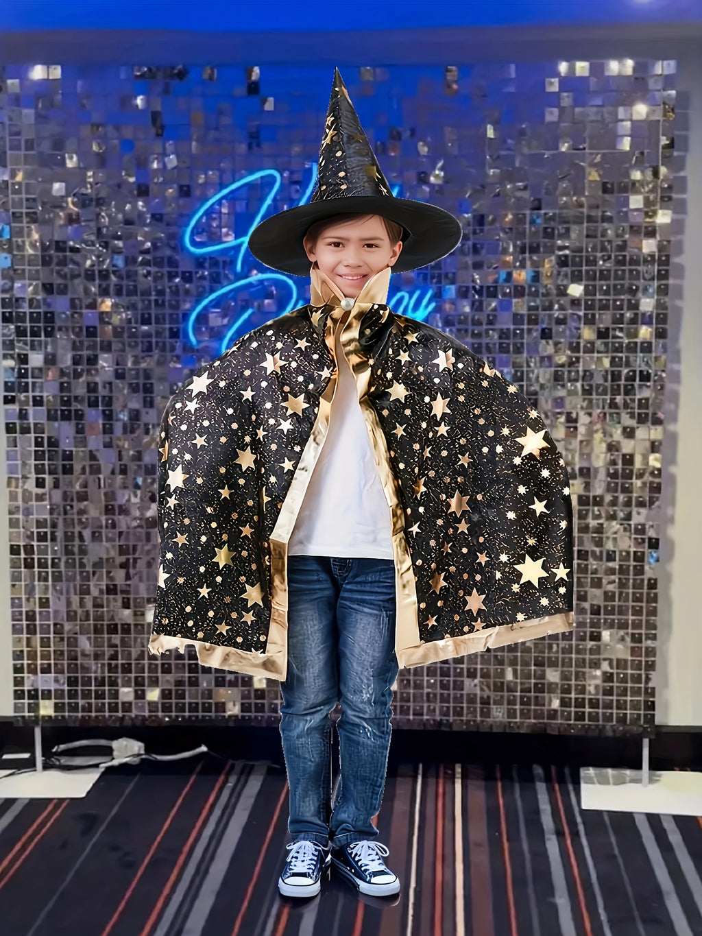 Costume Mago Bambino Nero – Mantello con Cappello per Halloween e Carnevale