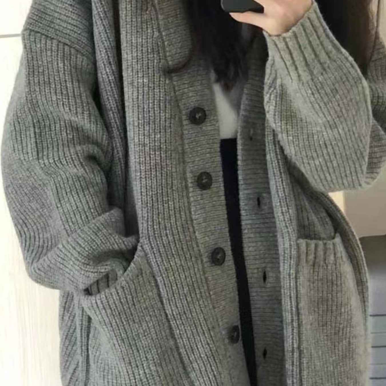 Women'S 2025 New V-Neck Cardigan Sweater Coat - Loose Mid-Length Button-Front Closure, Long Sleeve Winter Warmth, Casual to Semi-Formal Solid Color Sweater Jacket, Versatile Everyday Outerwear for Fall & Winter, Easy-Care Coz