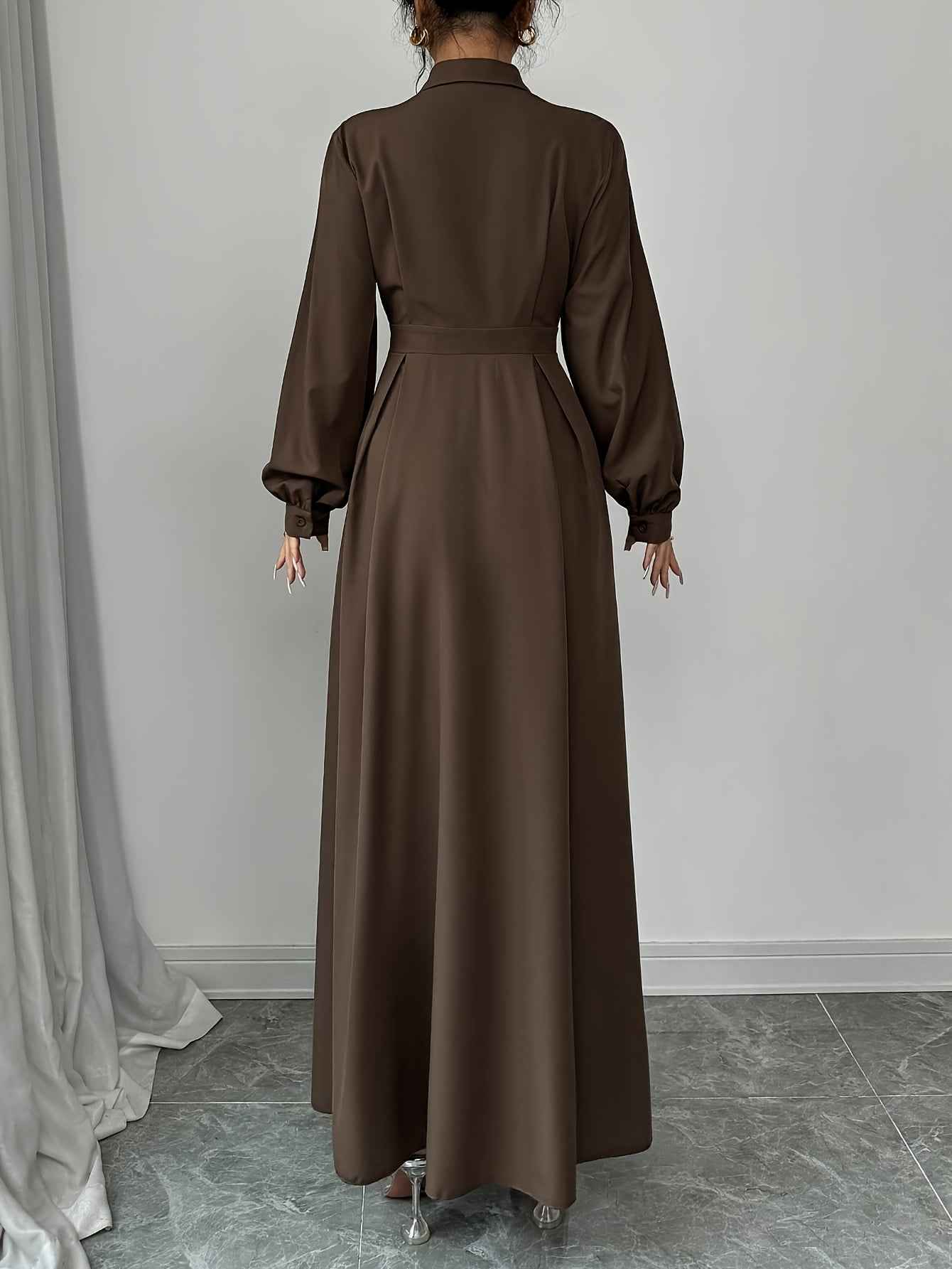 Ladies' Elegant Commuter Solid Color Lantern Sleeve Dress, Autumn Long Women Clothing Without Belt, Office Attire Dress, Daily Wear Dress, Non Belted Dress, Solid Color Dress, Minimalist Aesthetic, Solid Color Style, Tailored