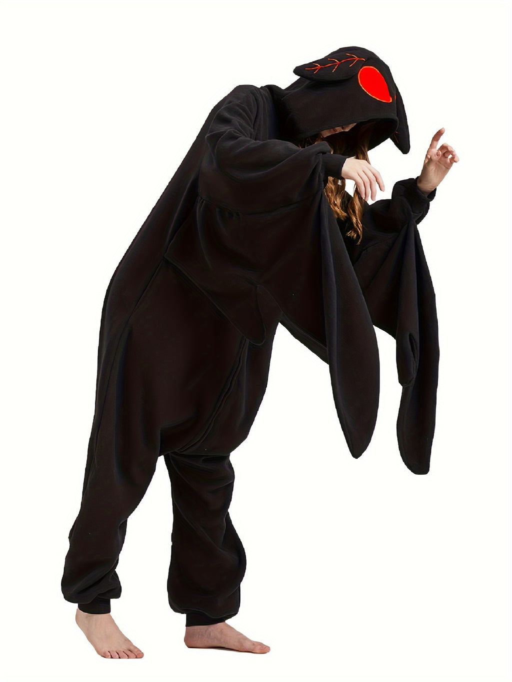 Cartoon Mothman Fuzzy Hooded Jumpsuit, Cute Long Sleeve Zip Up Pajamas - Perfect For Halloween & Christmas Cosplay Costumes, Women's Sleepwear & Loungewear