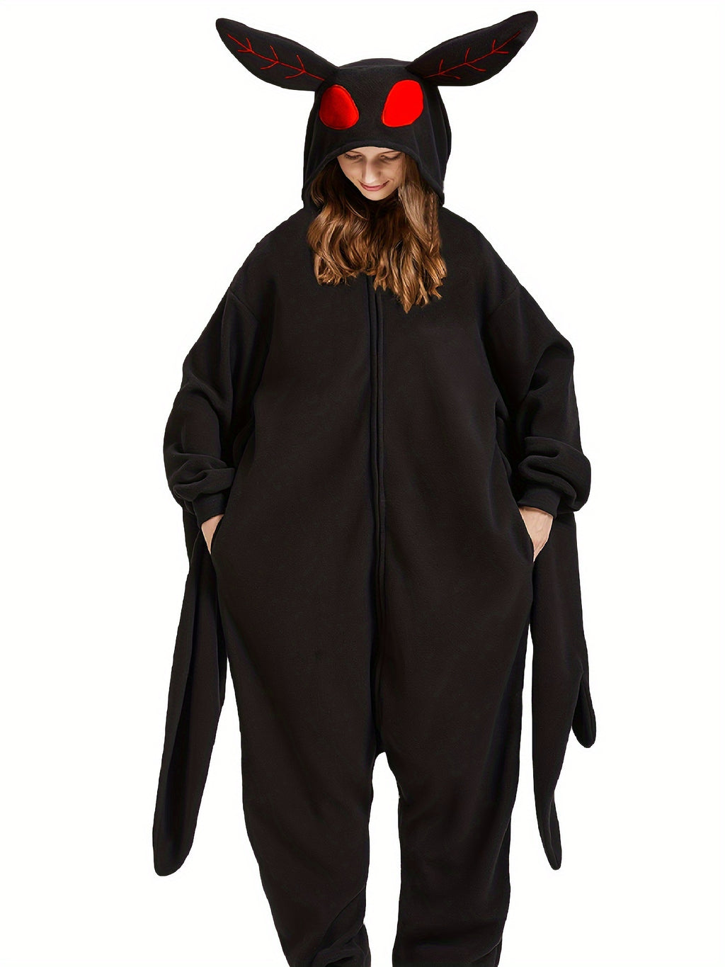 Cartoon Mothman Fuzzy Hooded Jumpsuit, Cute Long Sleeve Zip Up Pajamas - Perfect For Halloween & Christmas Cosplay Costumes, Women's Sleepwear & Loungewear