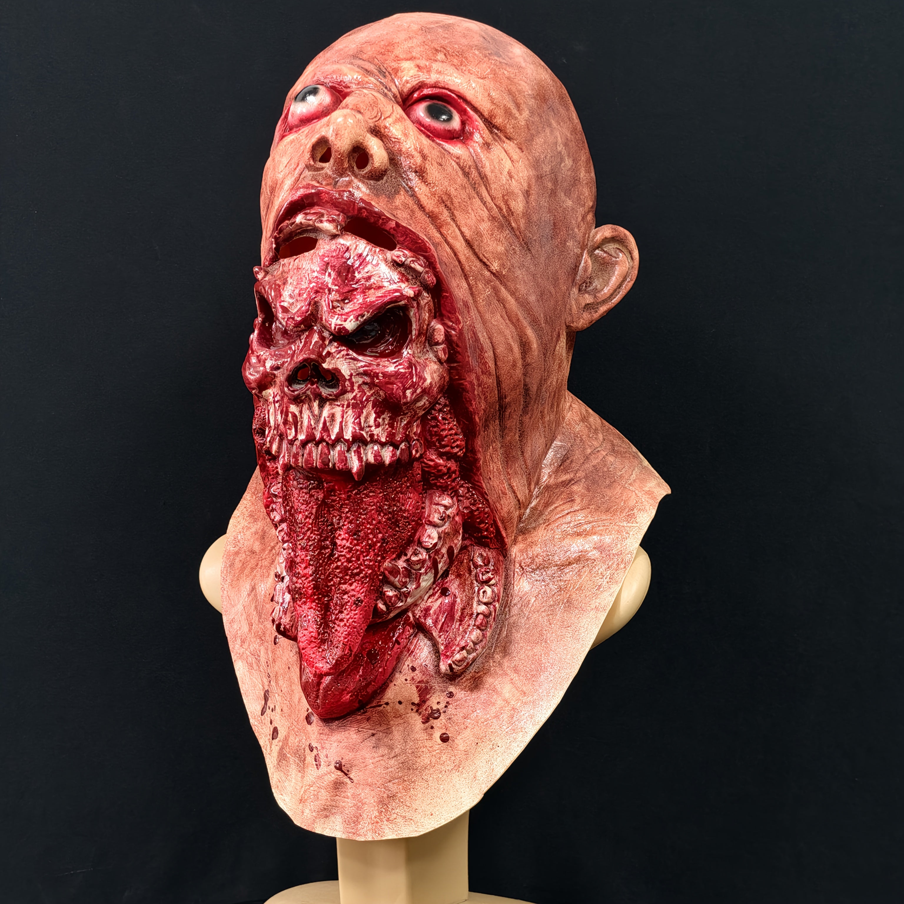 Realistic Horror Eating Head Latex Mask - Zombie Costume Party Mask with Bloody Teeth & Red Eyes, Halloween, Carnival - Non-Electric Horror Headpiece for Haunted Houses, Role-Playing Games - Easy Application & Removal, Hallow