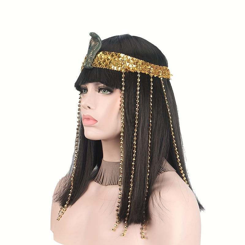 Women's Egyptian Queen Costume Wig with Headpiece - Straight Black Synthetic Hair with Bangs & Golden Accents, Nefertiti-Inspired Ancient Egyptian Makeup Look for Halloween, Themed Parties, Cosplay - Comfortable & Durable for