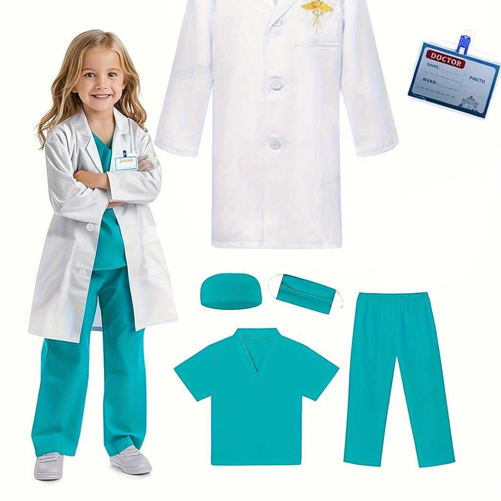 Set Costume Medico Bambini – 6 Pezzi Grembiule, Pantaloni, Cappello, Maschera, Cartellino Nome e Giacca Ricamata