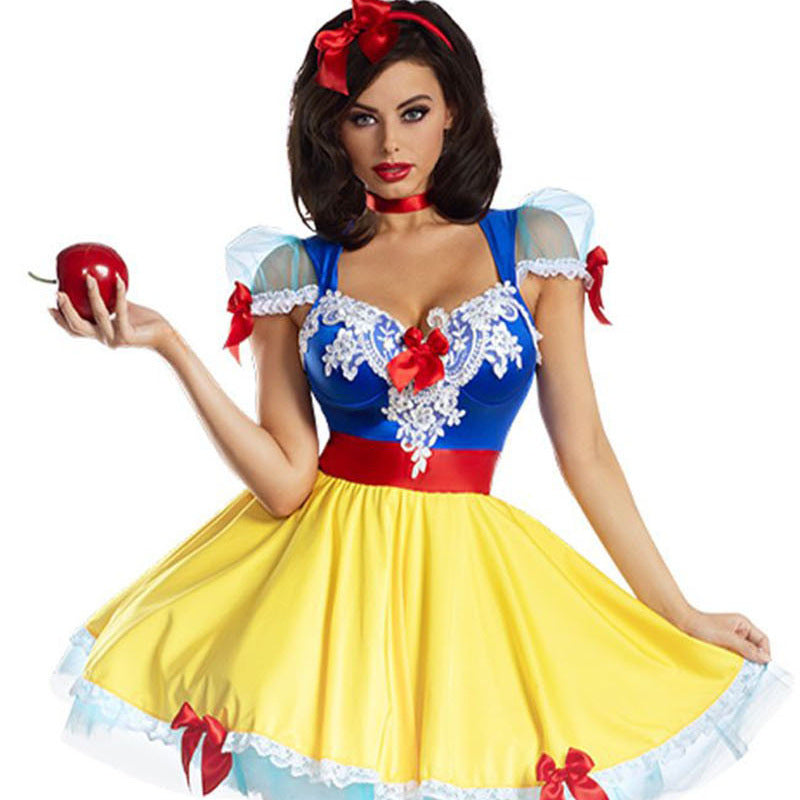 Plus Size Women's Officially Licensed Snow White Costume Dress - Adult Tale Party Outfit with Iconic Blue/Yellow/Pink Bow & Red Ribbon Belt, Lace Trim - Complete Character Costume for Halloween, Cosplay Events, Halloween Cost