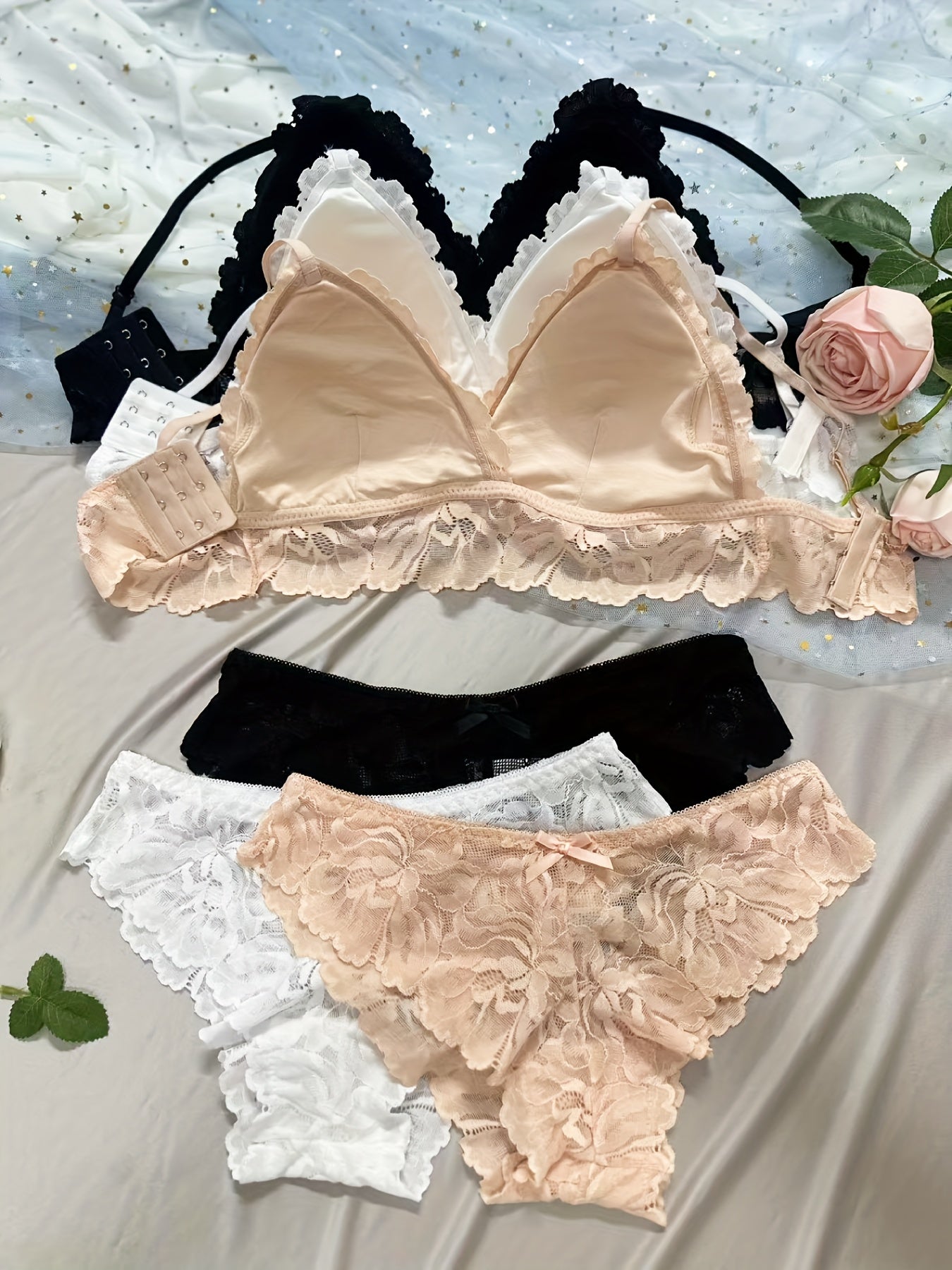 Set 3 Reggiseni in Pizzo con Slip Vita Alta - Lingerie Elegante Rosa Beige Nude