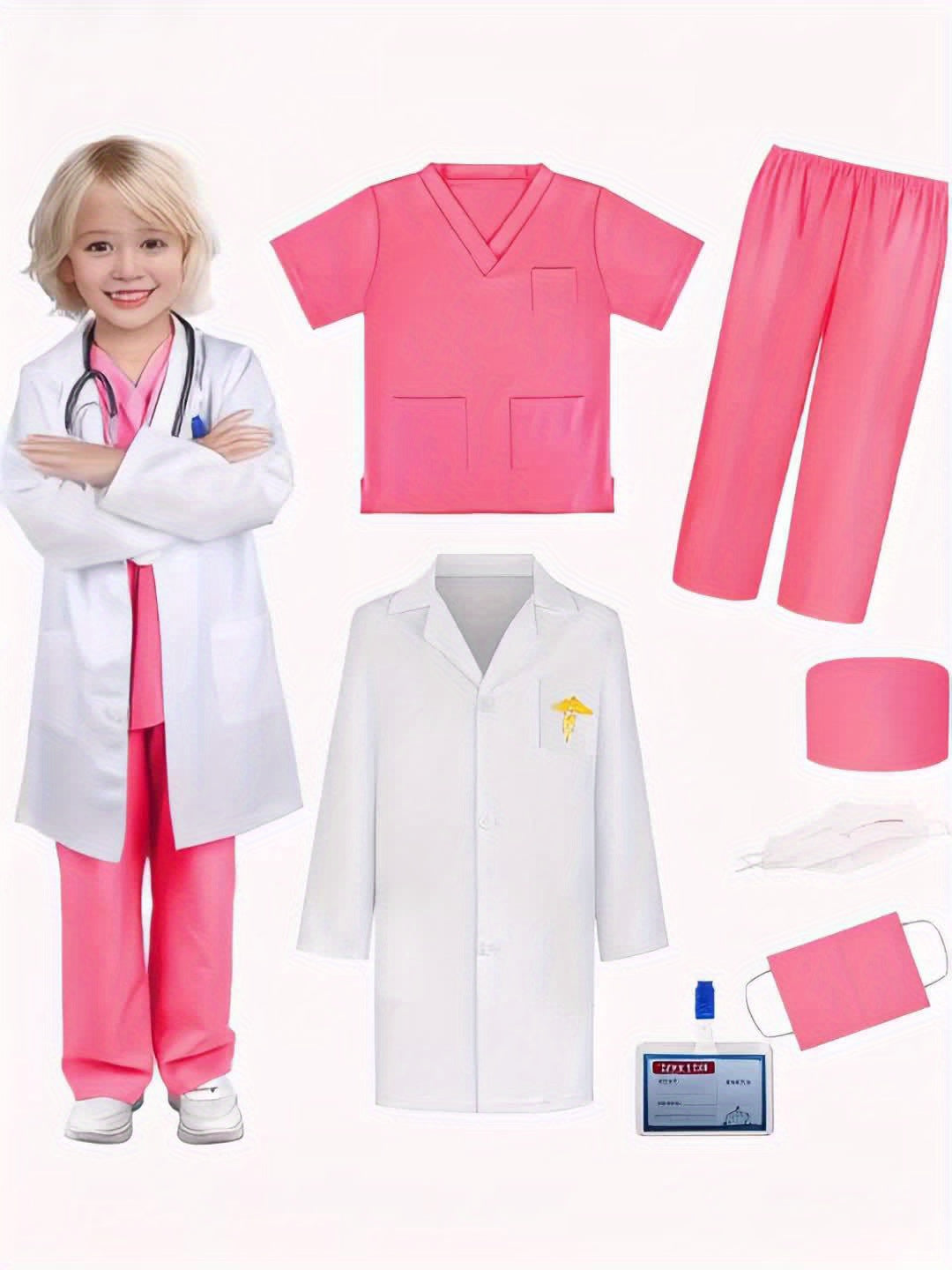Set Costume Medico Bambini – 6 Pezzi Grembiule, Pantaloni, Cappello, Maschera, Cartellino Nome e Giacca Ricamata