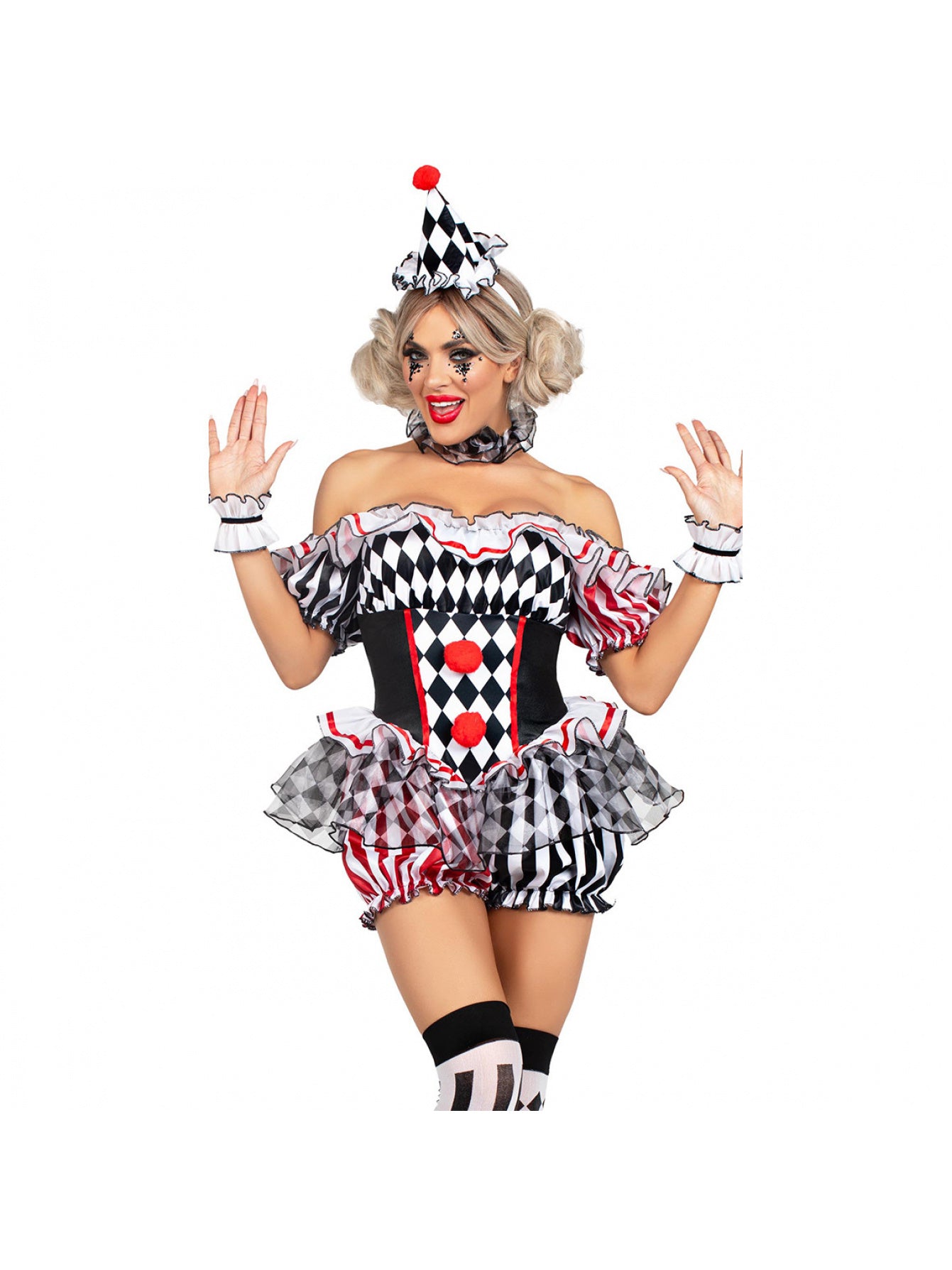 Carnival Plaid Jester Costume- Off-Shoulder Ruffle Skirt with Contrast Polka Dots and Diamond Pattern, Includes Headpiece and Leg Warmers, Party Season Stage Performance Outfit, Circus Style Set
