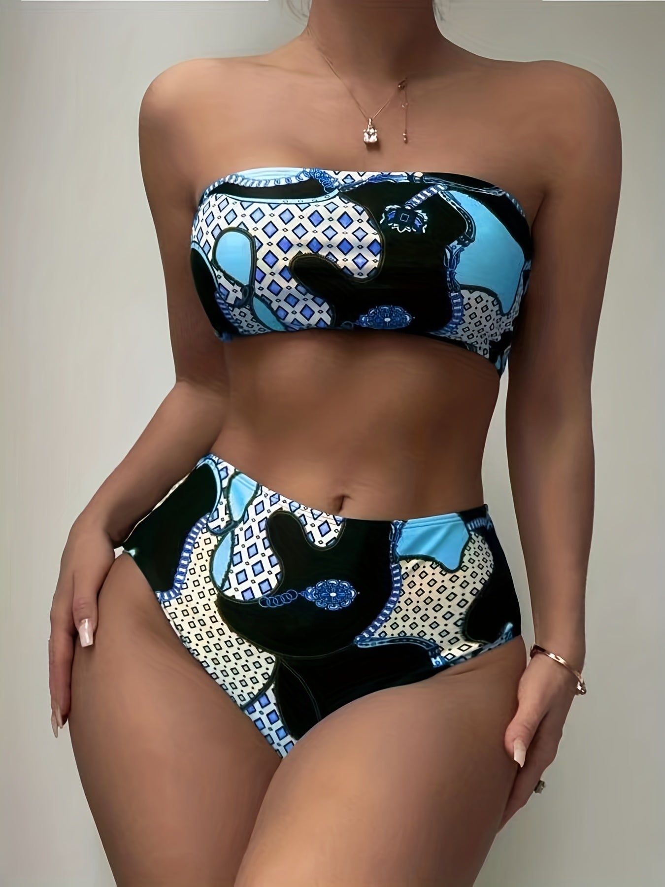 Bikini Donna 2 Pezzi Bandeau Geometrico - Tube Top High Cut Elastico