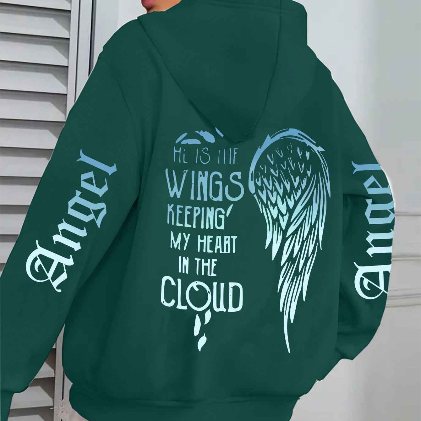 Women's Angel Wing Zipper Hoodie Jacket with Back Print "His Wings Keep Me in the Cloud" - Blue & White Gradient Wings & Lettering, Long Sleeve Front Zip Closure, Machine Washable Winter Coat, Comfortable Casual Outerwear for