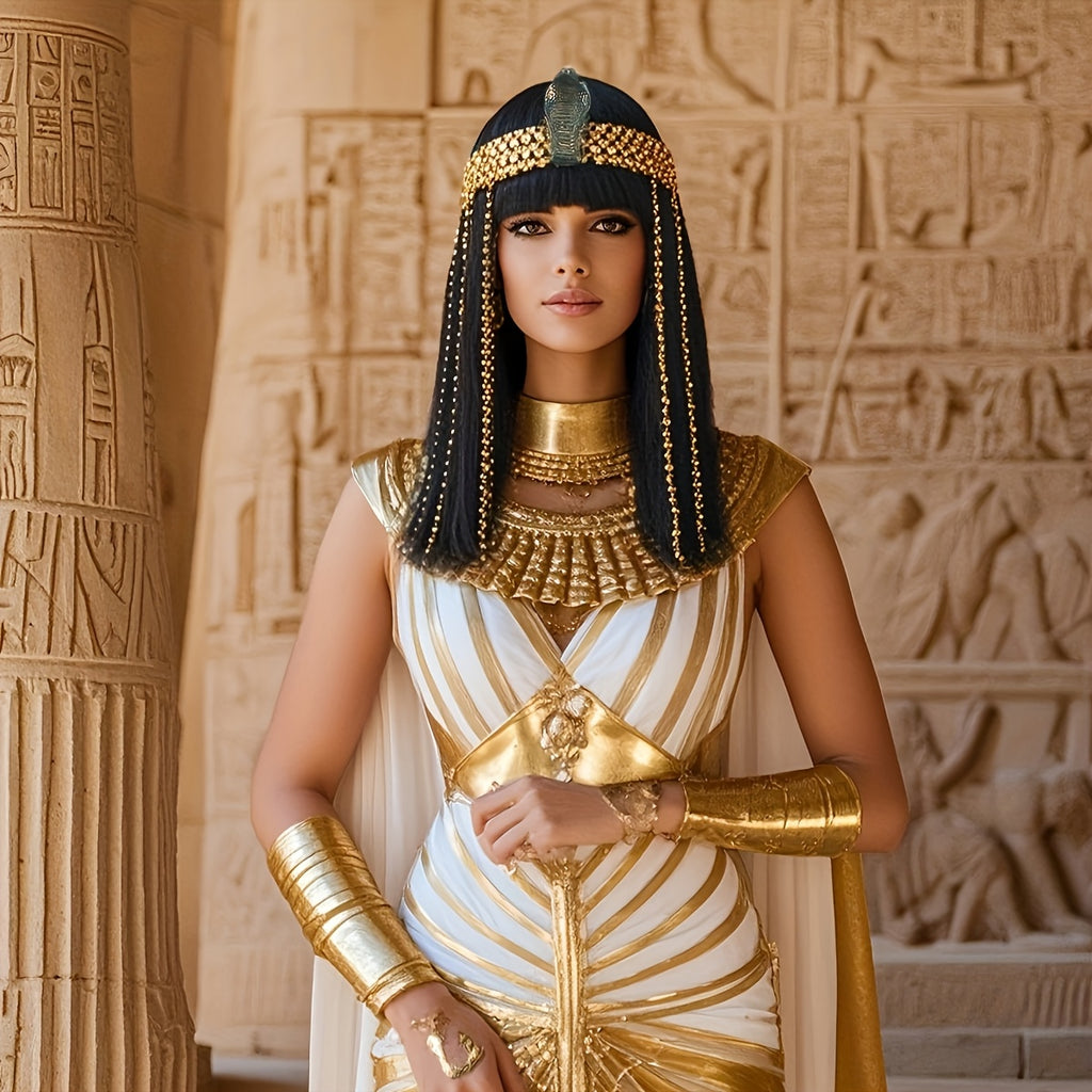 Women's Egyptian Queen Costume Wig with Headpiece - Straight Black Synthetic Hair with Bangs & Golden Accents, Nefertiti-Inspired Ancient Egyptian Makeup Look for Halloween, Themed Parties, Cosplay - Comfortable & Durable for