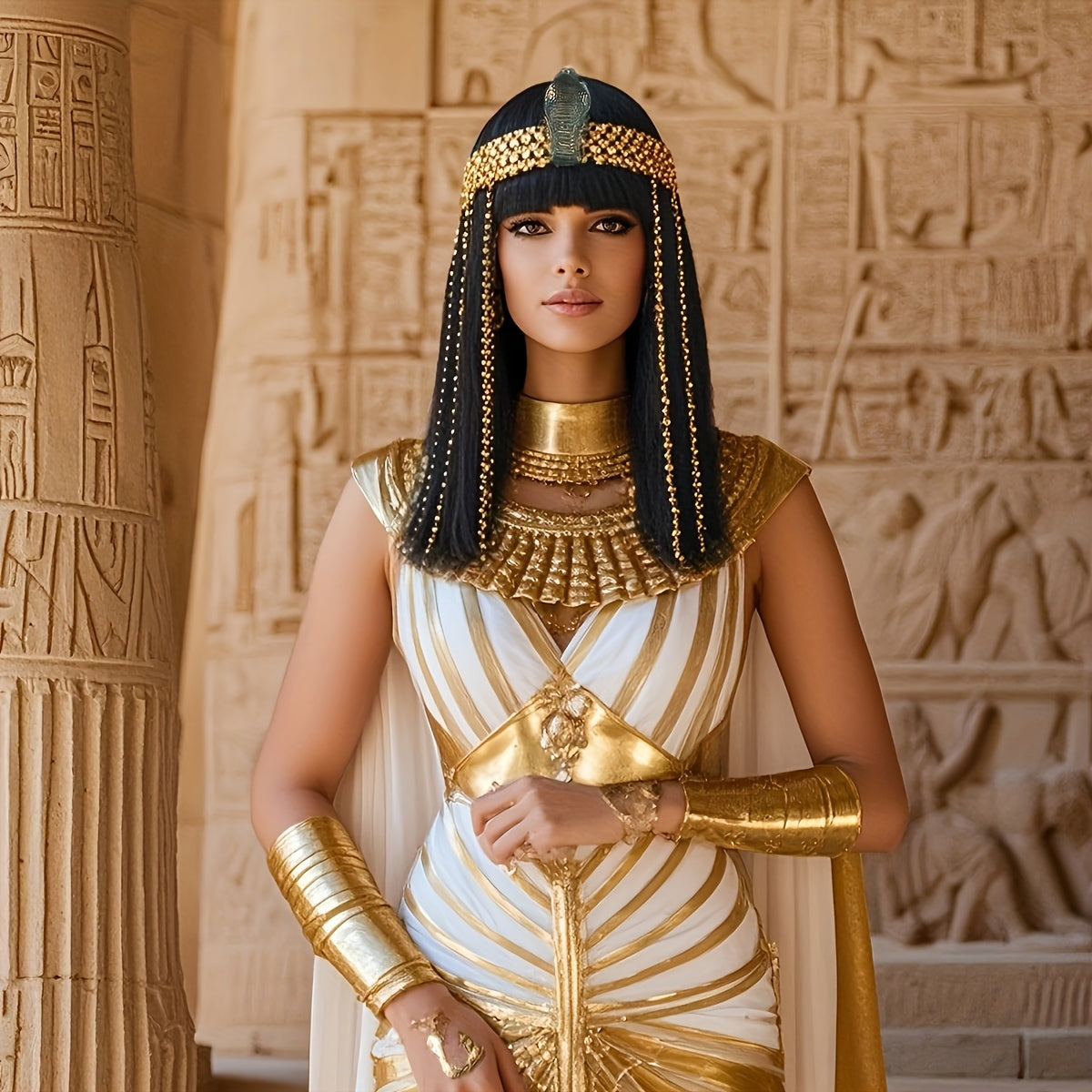 Women's Egyptian Queen Costume Wig with Headpiece - Straight Black Synthetic Hair with Bangs & Golden Accents, Nefertiti-Inspired Ancient Egyptian Makeup Look for Halloween, Themed Parties, Cosplay - Comfortable & Durable for