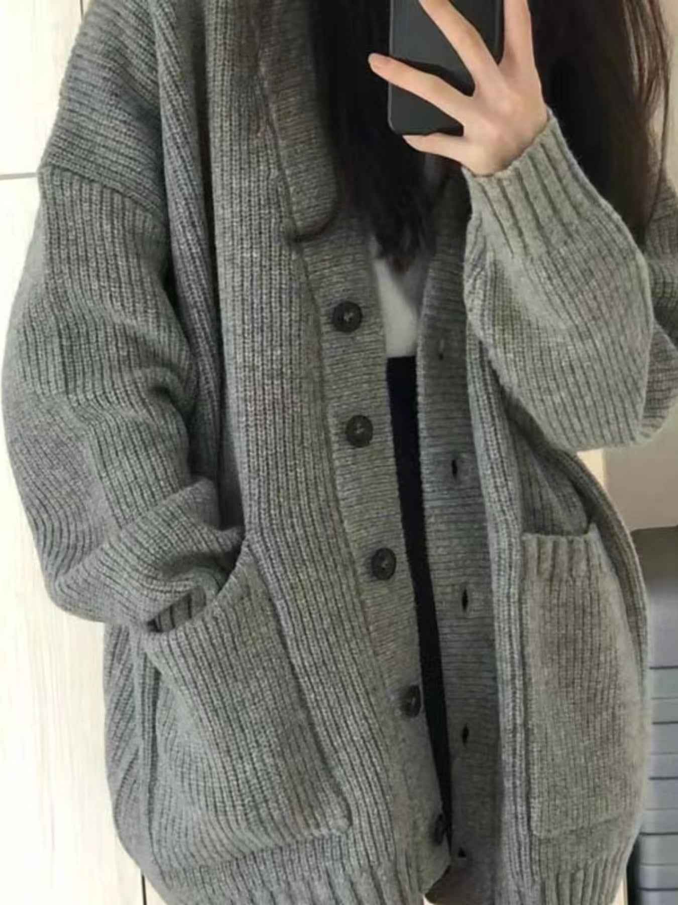 Women'S 2025 New V-Neck Cardigan Sweater Coat - Loose Mid-Length Button-Front Closure, Long Sleeve Winter Warmth, Casual to Semi-Formal Solid Color Sweater Jacket, Versatile Everyday Outerwear for Fall & Winter, Easy-Care Coz